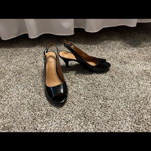 Clarks patent leather peep toe sling backs
